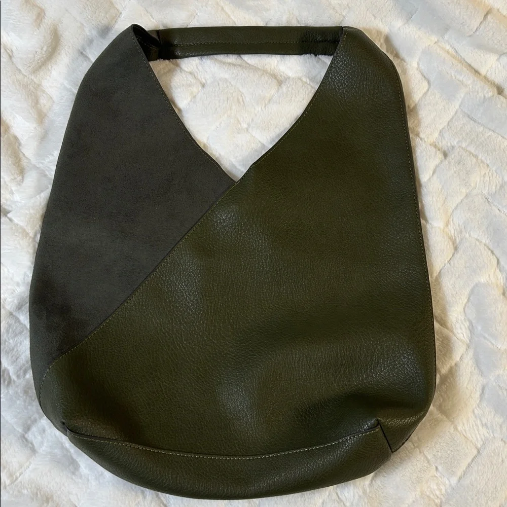 Olive Green Leather And Suede Hobo Tote Bag - Picture 3 of 10